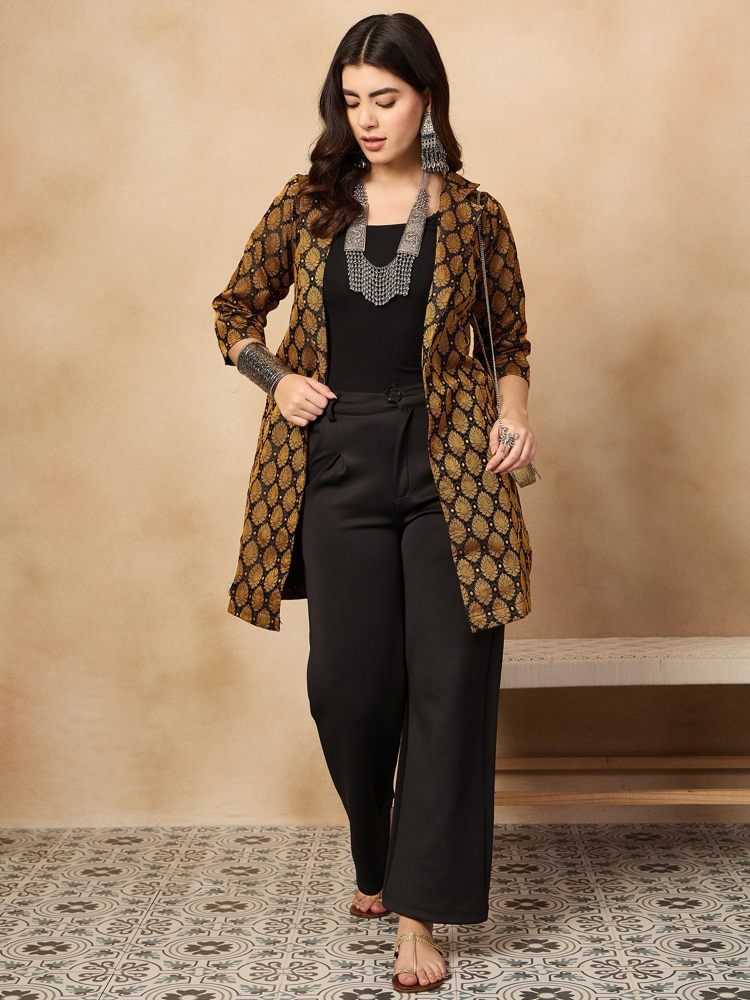 Women's Black Jacquard Jacket - InWeave