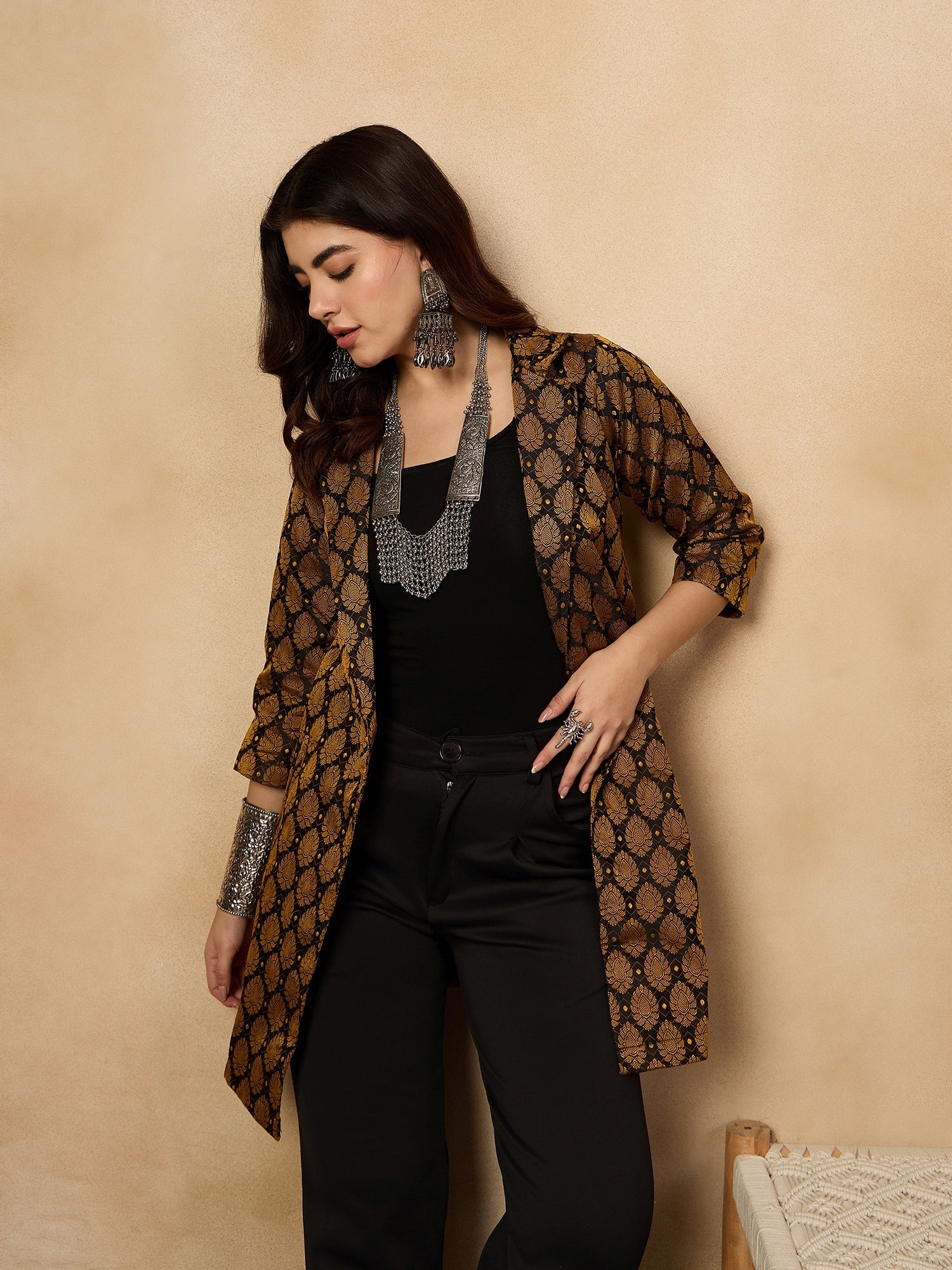 Women's Black Jacquard Jacket - InWeave