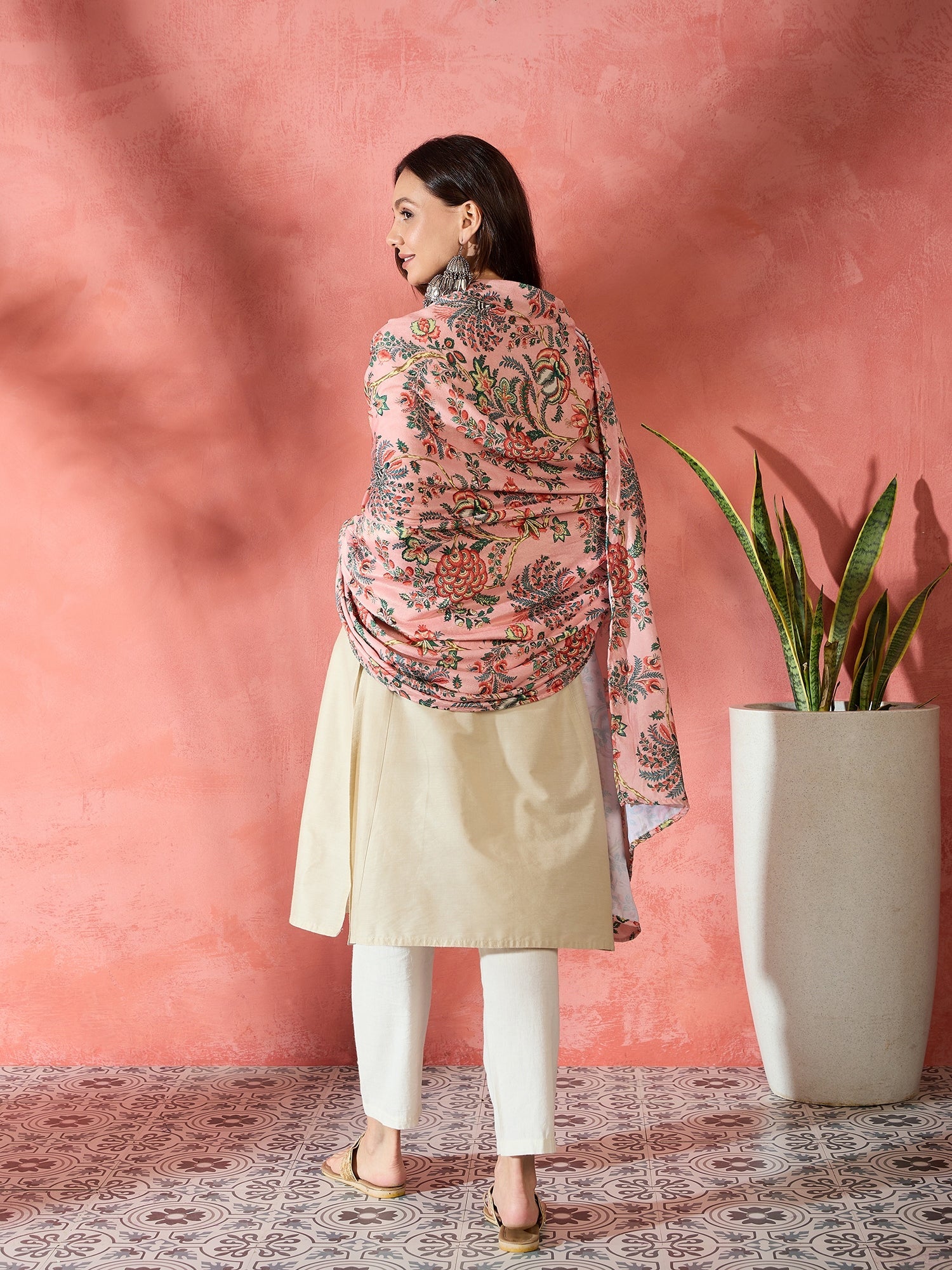 Women's Peach Printed Velvet Shawl - InWeave