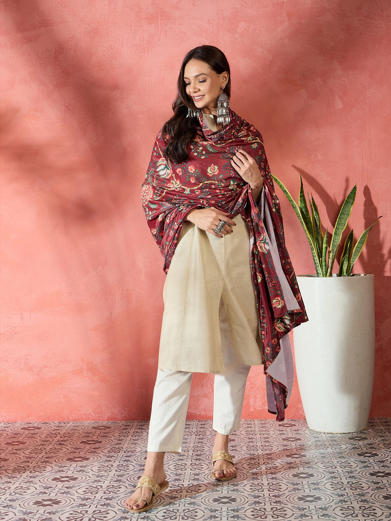 Women's Maroon Printed Velvet Shawl