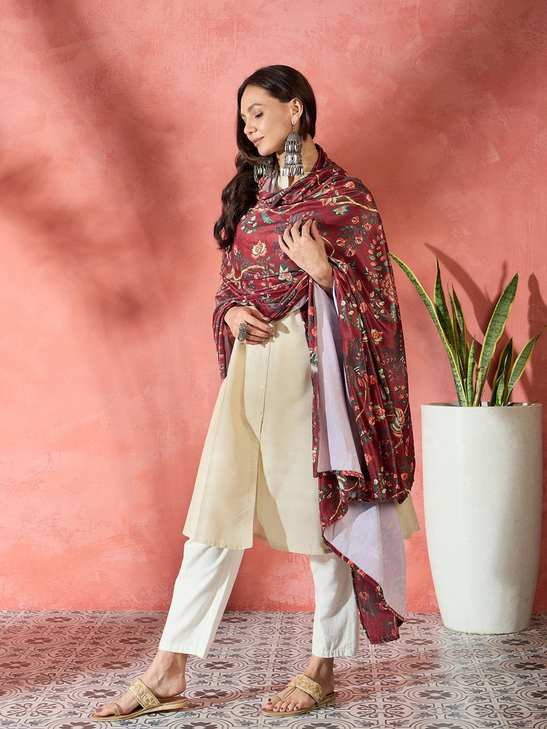 Women's Maroon Printed Velvet Shawl