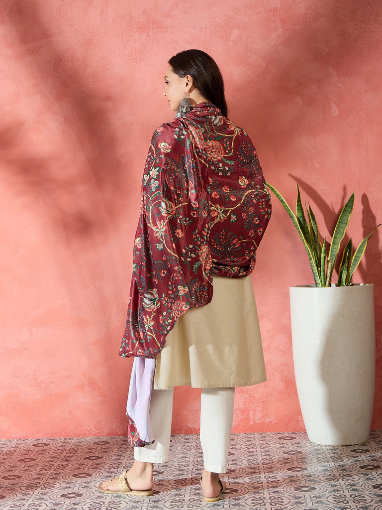 Women's Maroon Printed Velvet Shawl