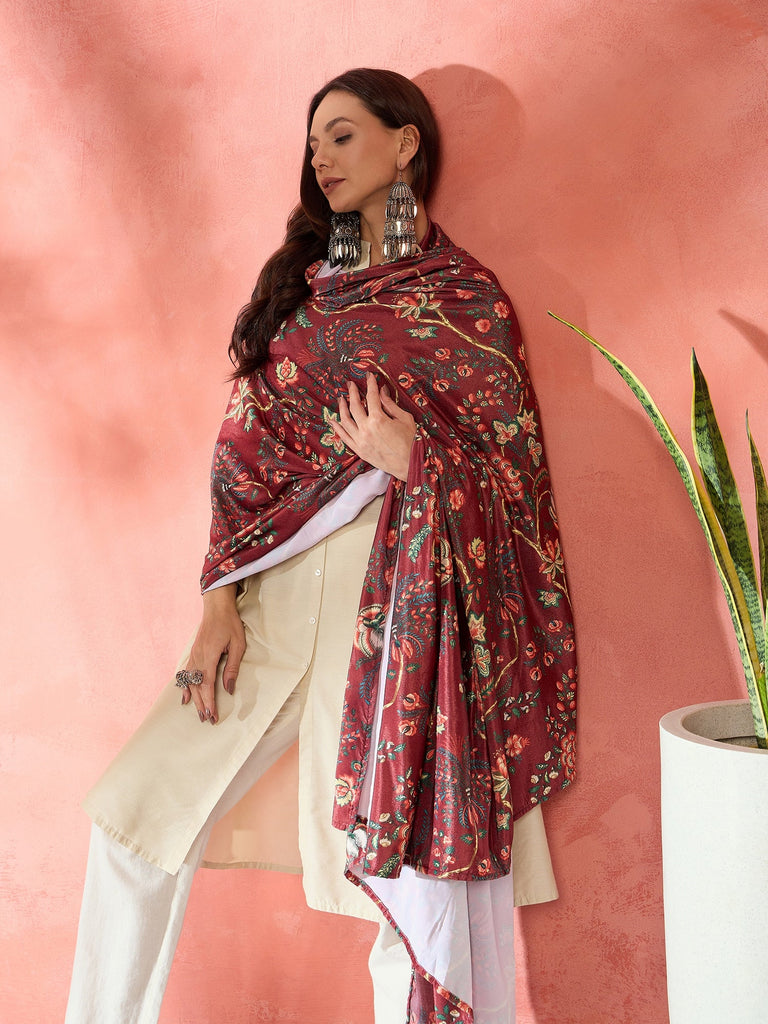 Women's Maroon Printed Velvet Shawl