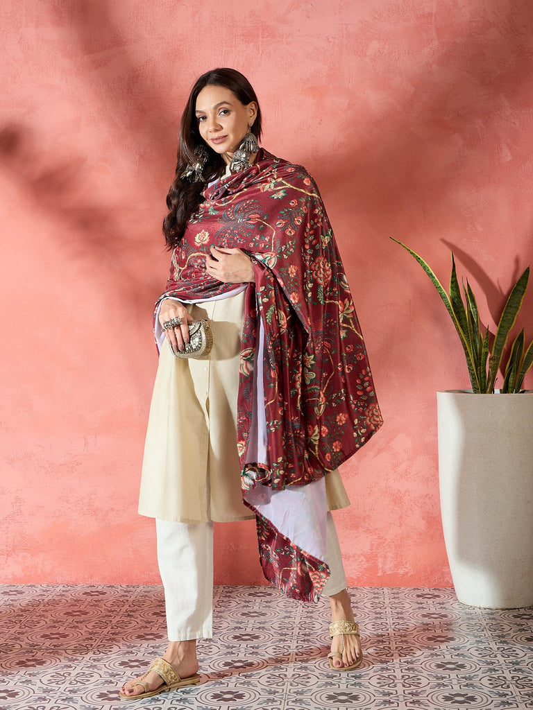 Women's Maroon Printed Velvet Shawl