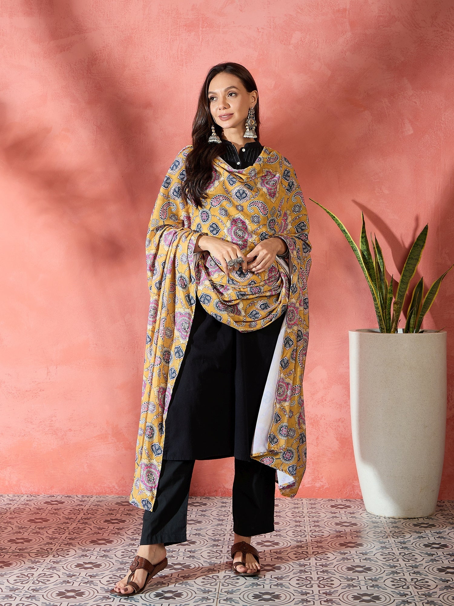 Women's Yellow Printed Velvet Shawl - InWeave