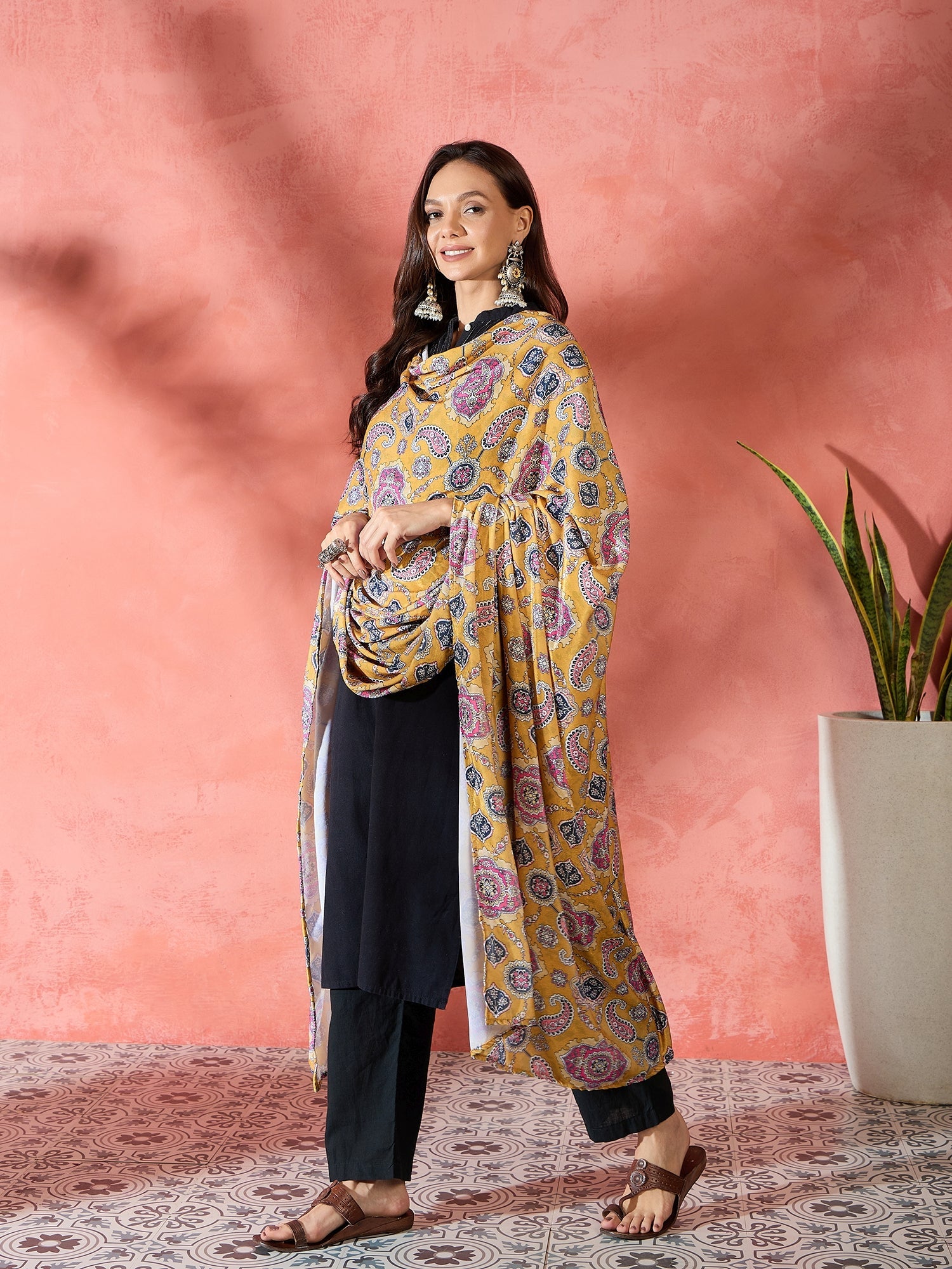 Women's Yellow Printed Velvet Shawl - InWeave