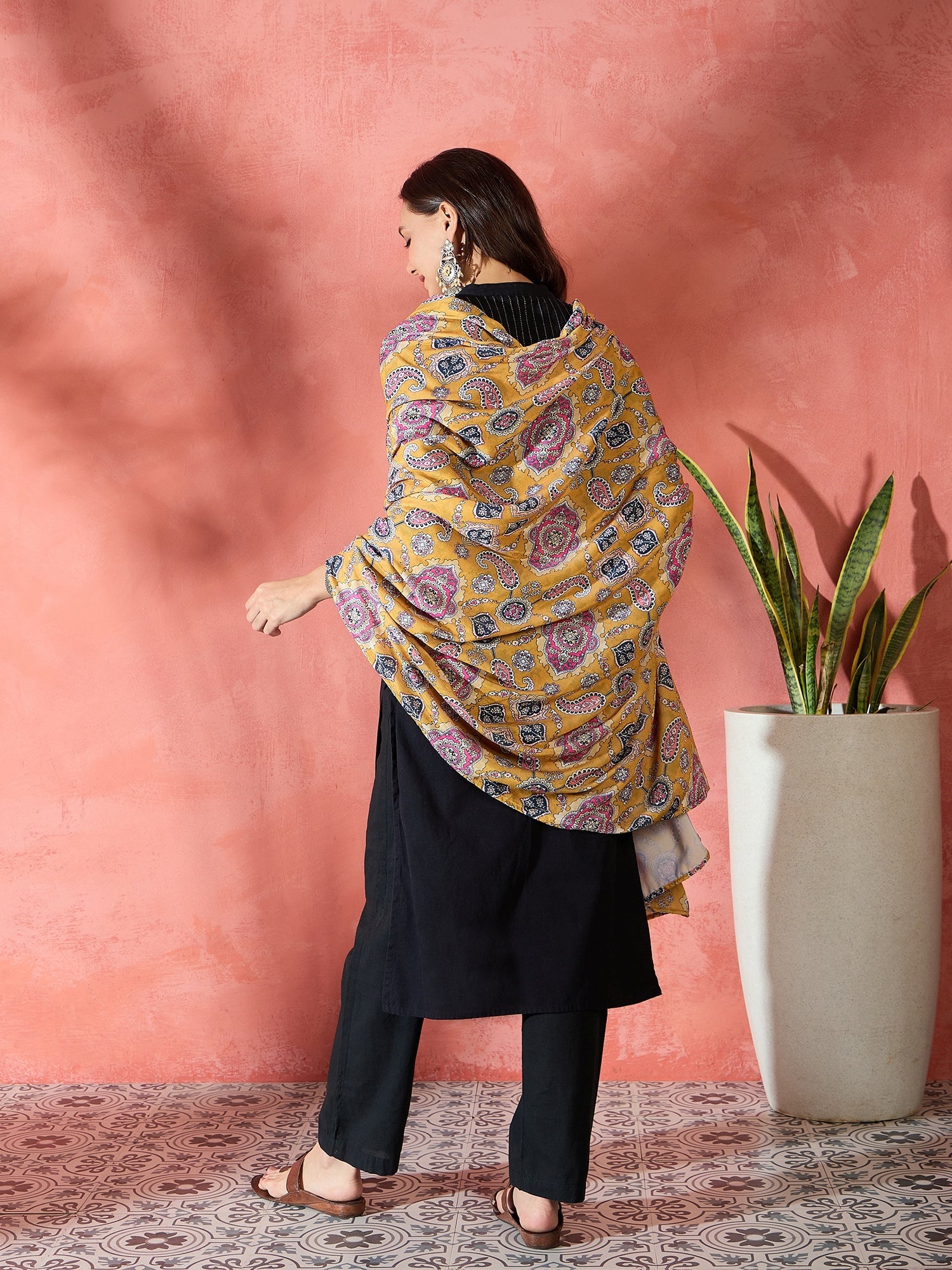 Women's Yellow Printed Velvet Shawl - InWeave