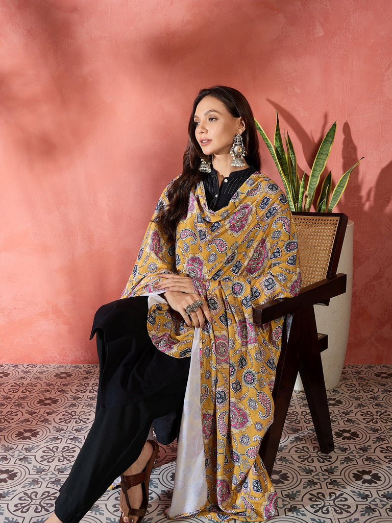 Women's Yellow Printed Velvet Shawl