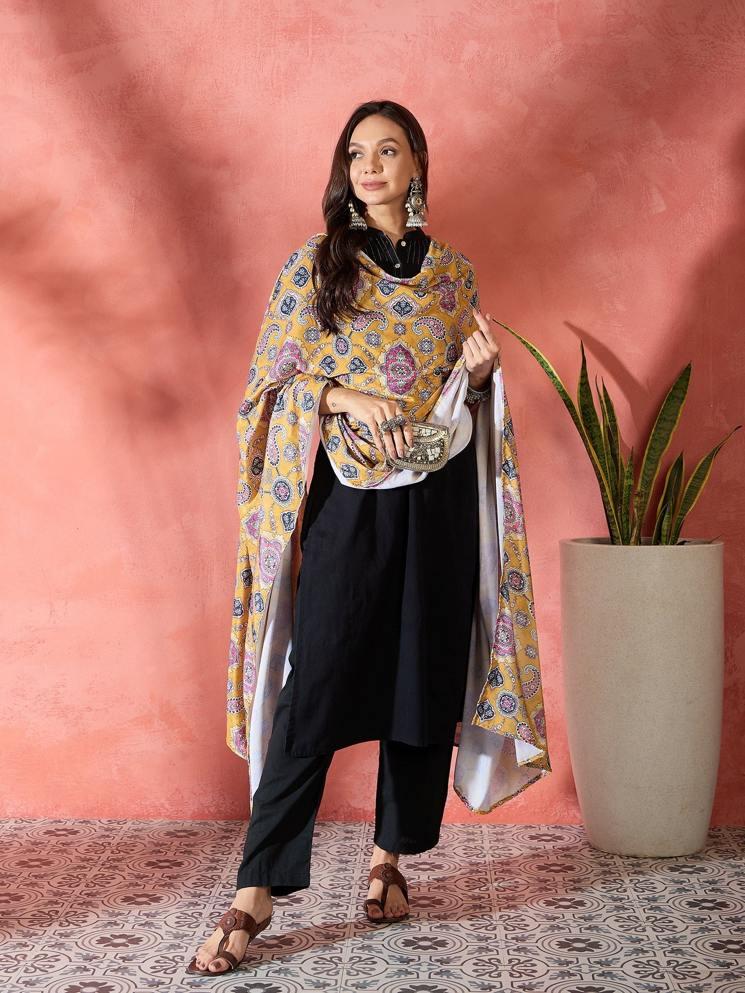 Women's Yellow Printed Velvet Shawl - InWeave