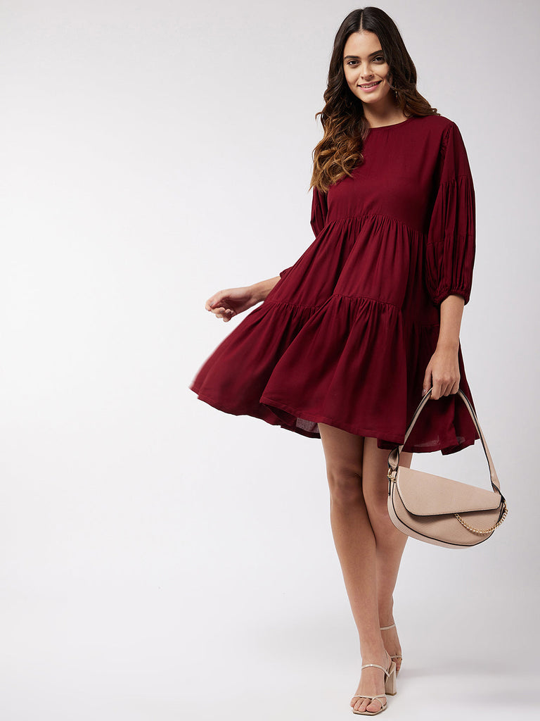 Women's Barn Red Flared Short Dress