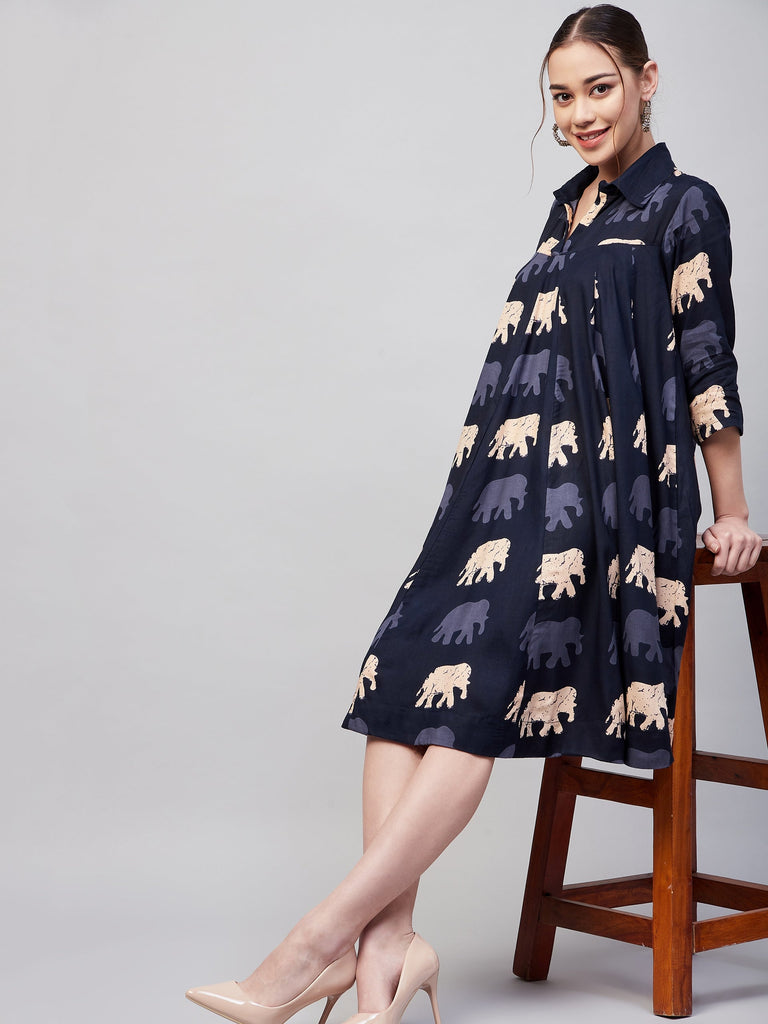 Women's Blue Elephant Print Flared Dress