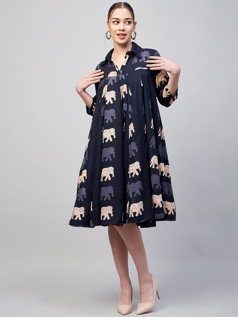 Women's Blue Elephant Print Flared Dress