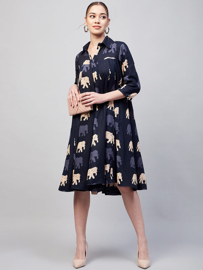 Women's Blue Elephant Print Flared Dress