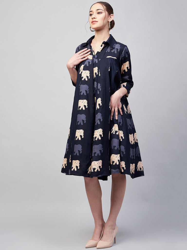 Women's Blue Elephant Print Flared Dress