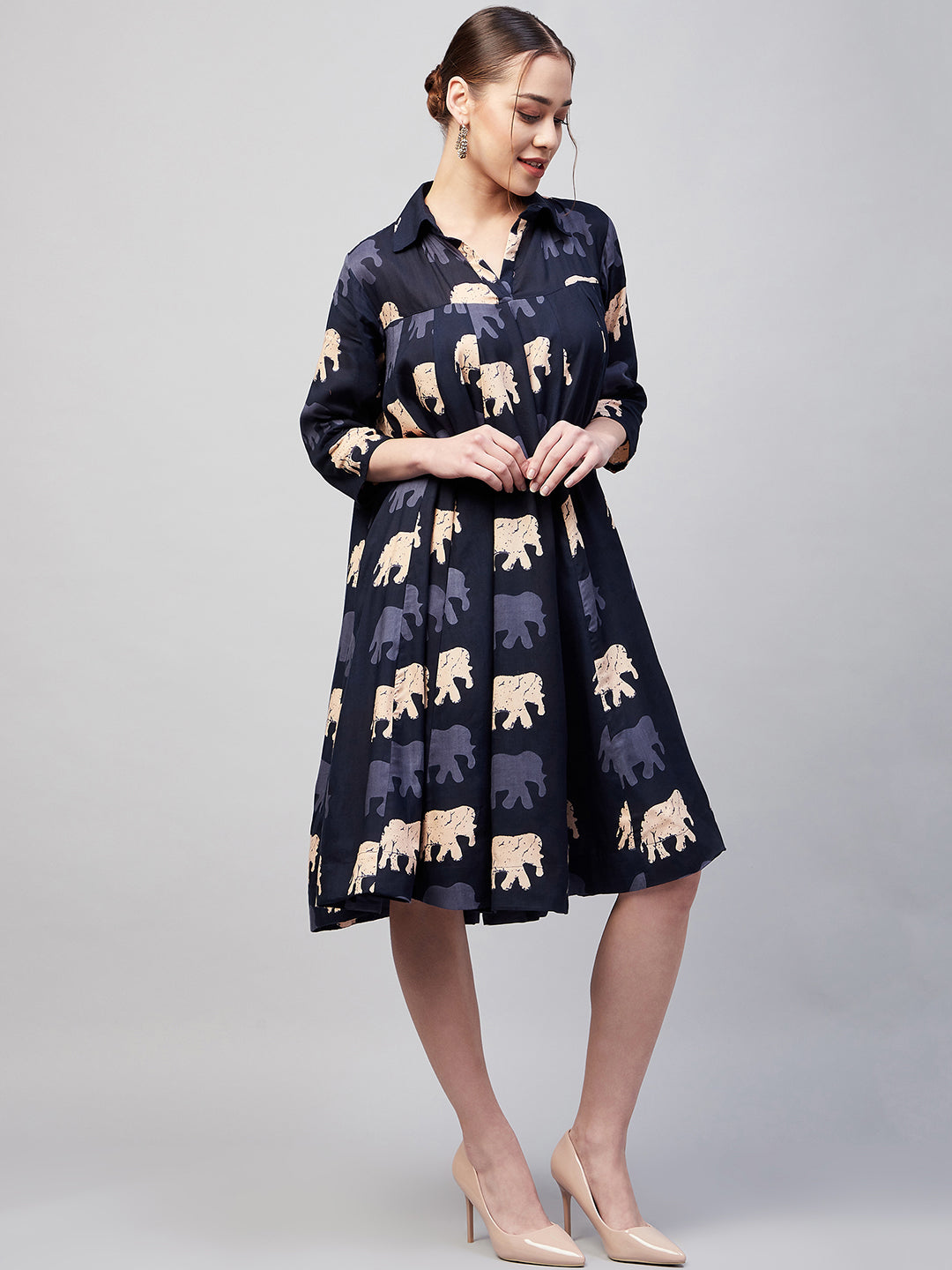 Women's Blue Elephant Print Flared Dress - InWeave