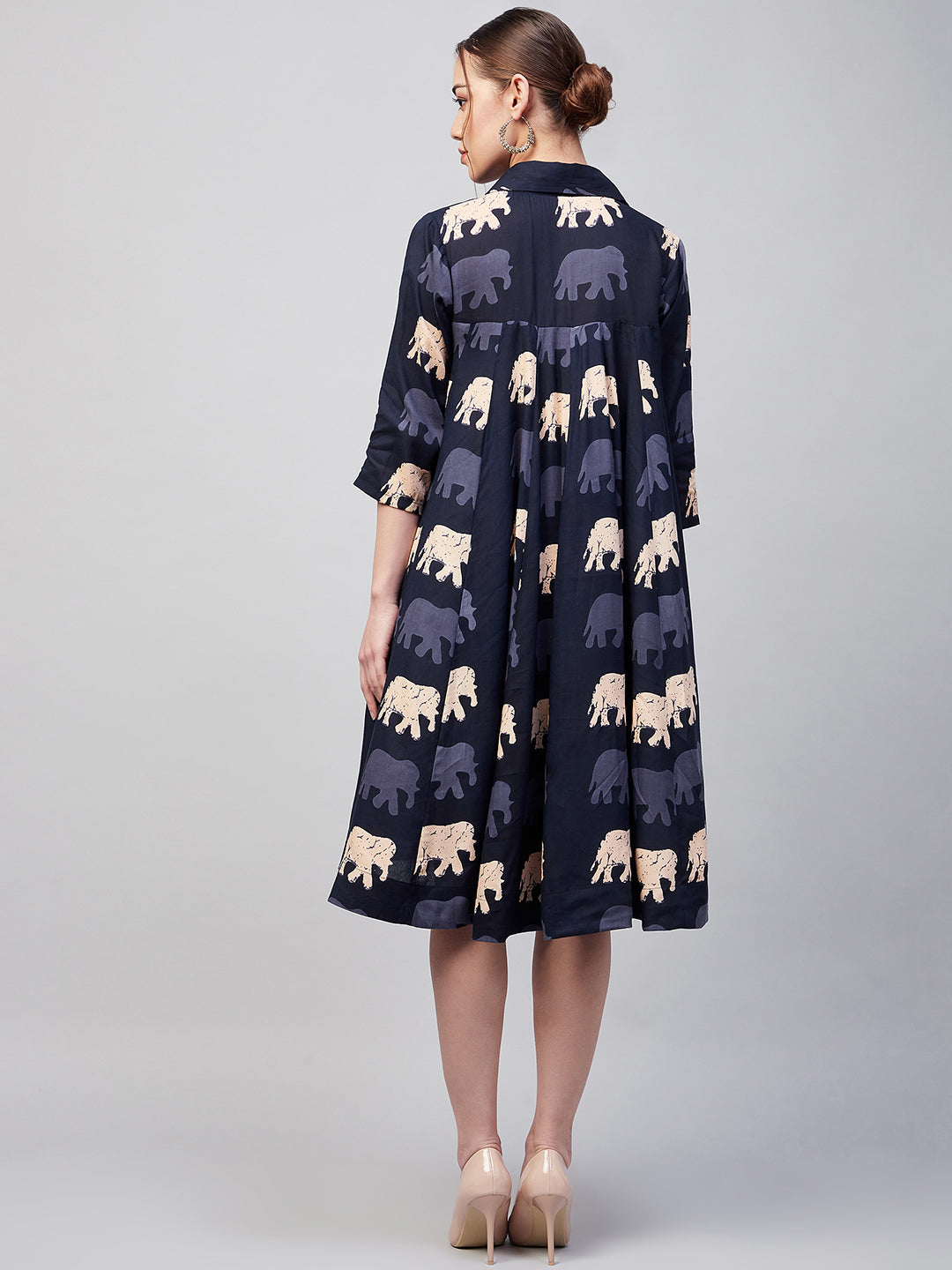 Blue Elephant Print Flared Dress M
