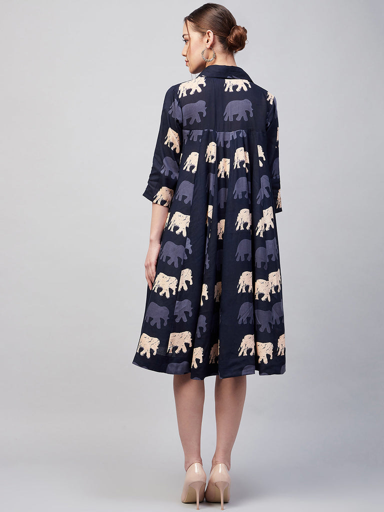 Women's Blue Elephant Print Flared Dress