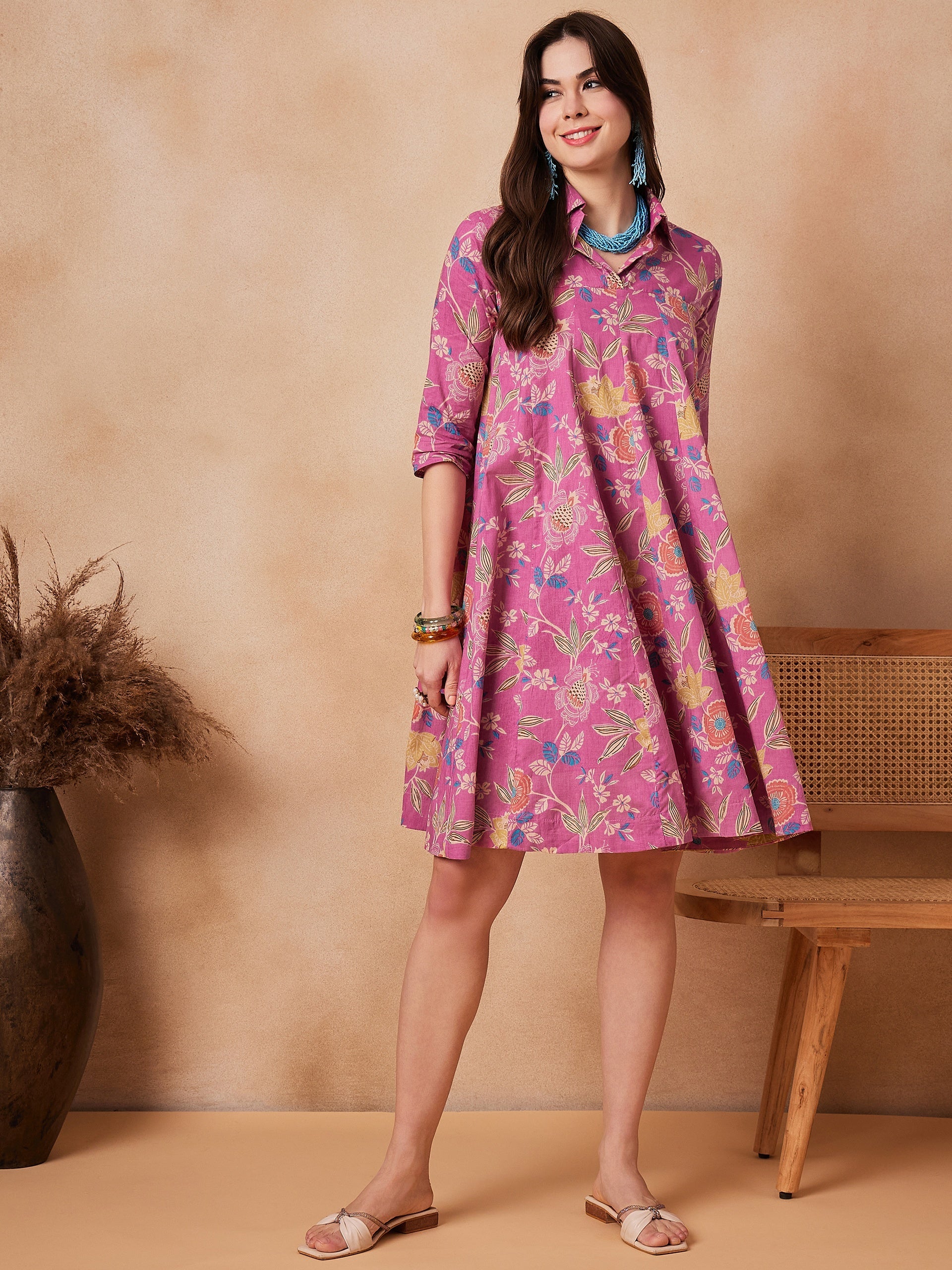 Women's Dull Pink Floral Printed Flared Dress - InWeave