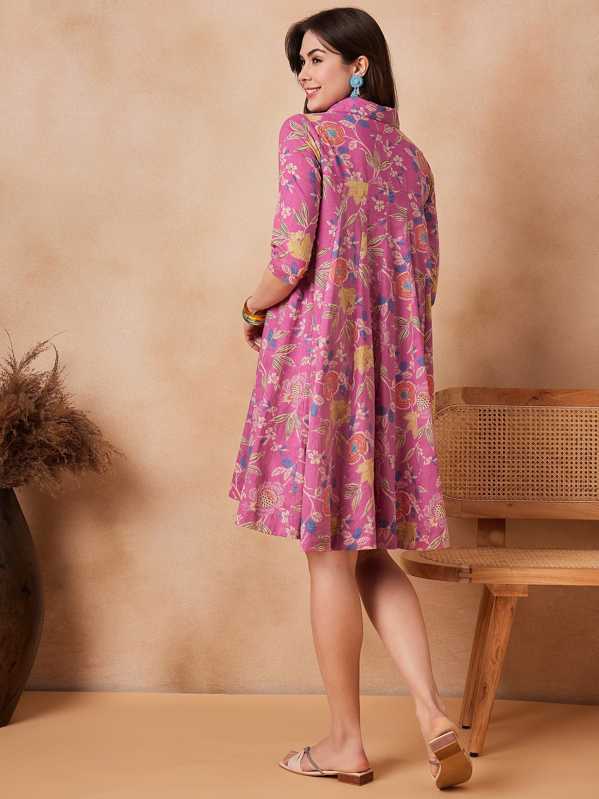 Women's Dull Pink Floral Printed Flared Dress - InWeave