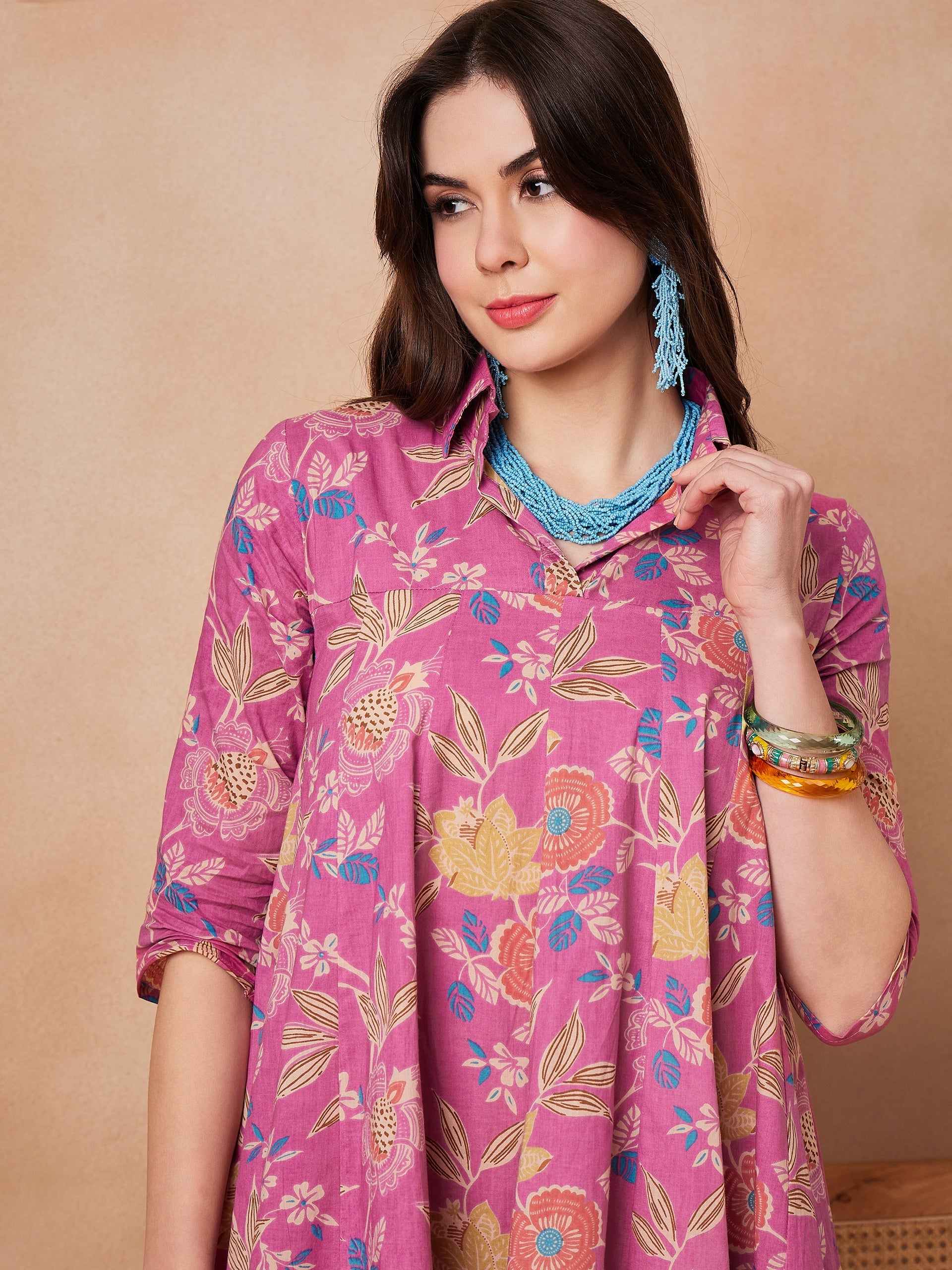 Women's Dull Pink Floral Printed Flared Dress - InWeave