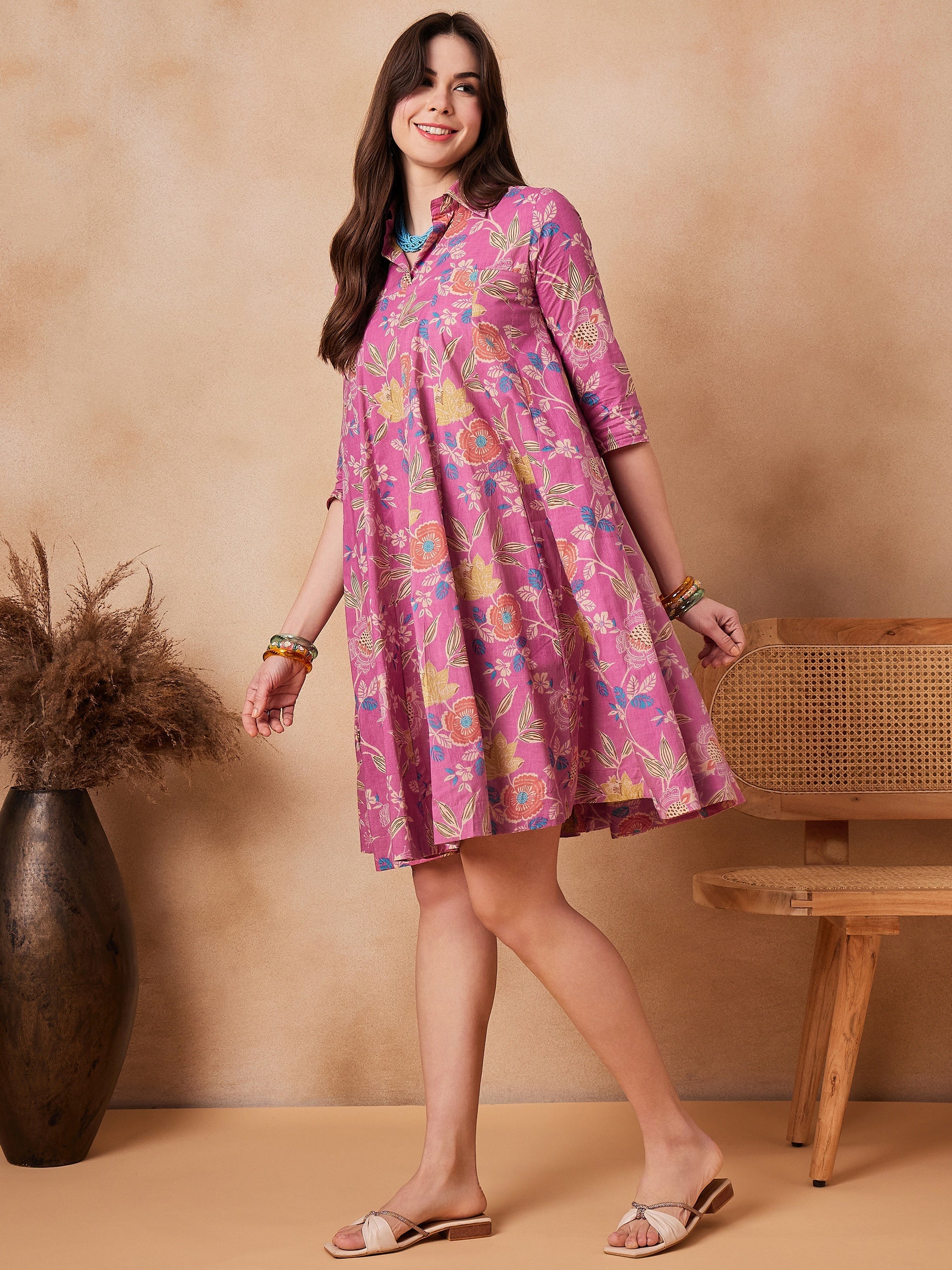 Women's Dull Pink Floral Printed Flared Dress - InWeave