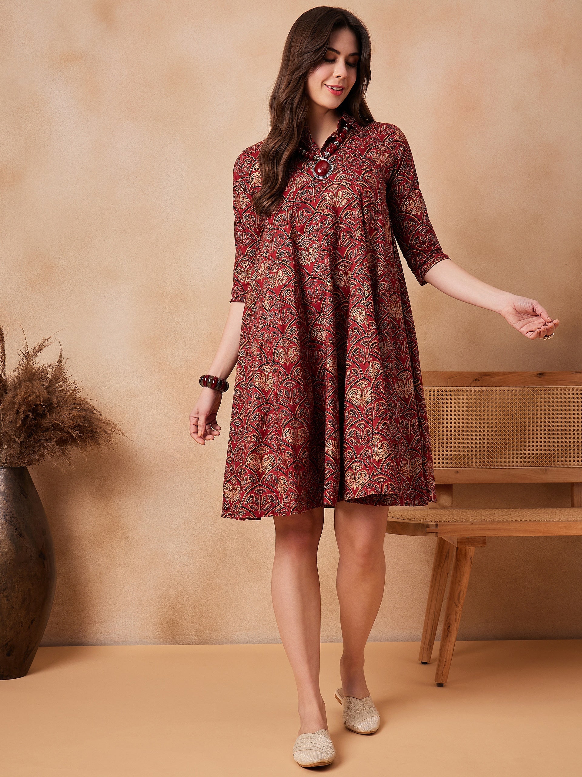 Women's Rust Scales Printed Flared Dress - InWeave