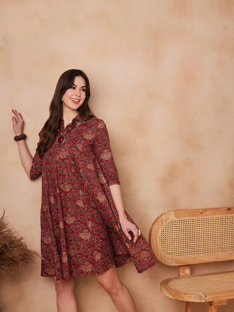 Women's Rust Scales Printed Flared Dress