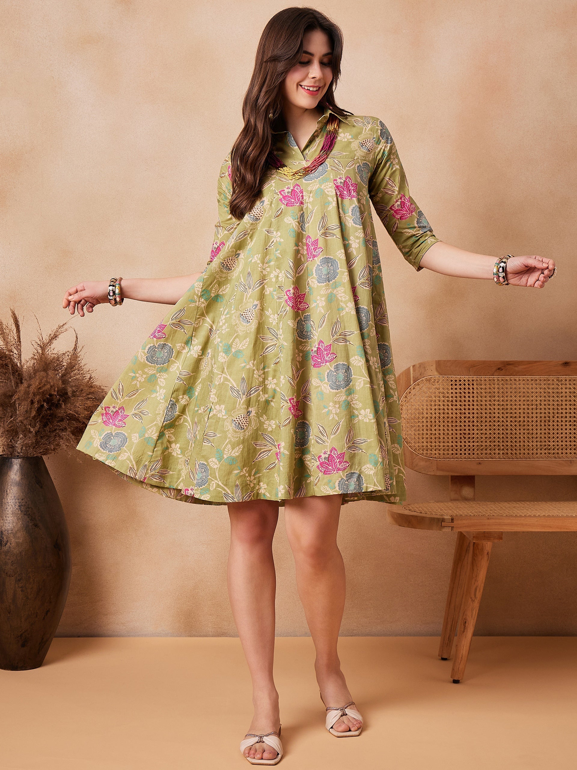 Women's Light Lime Green Floral Printed Flared Dress - InWeave