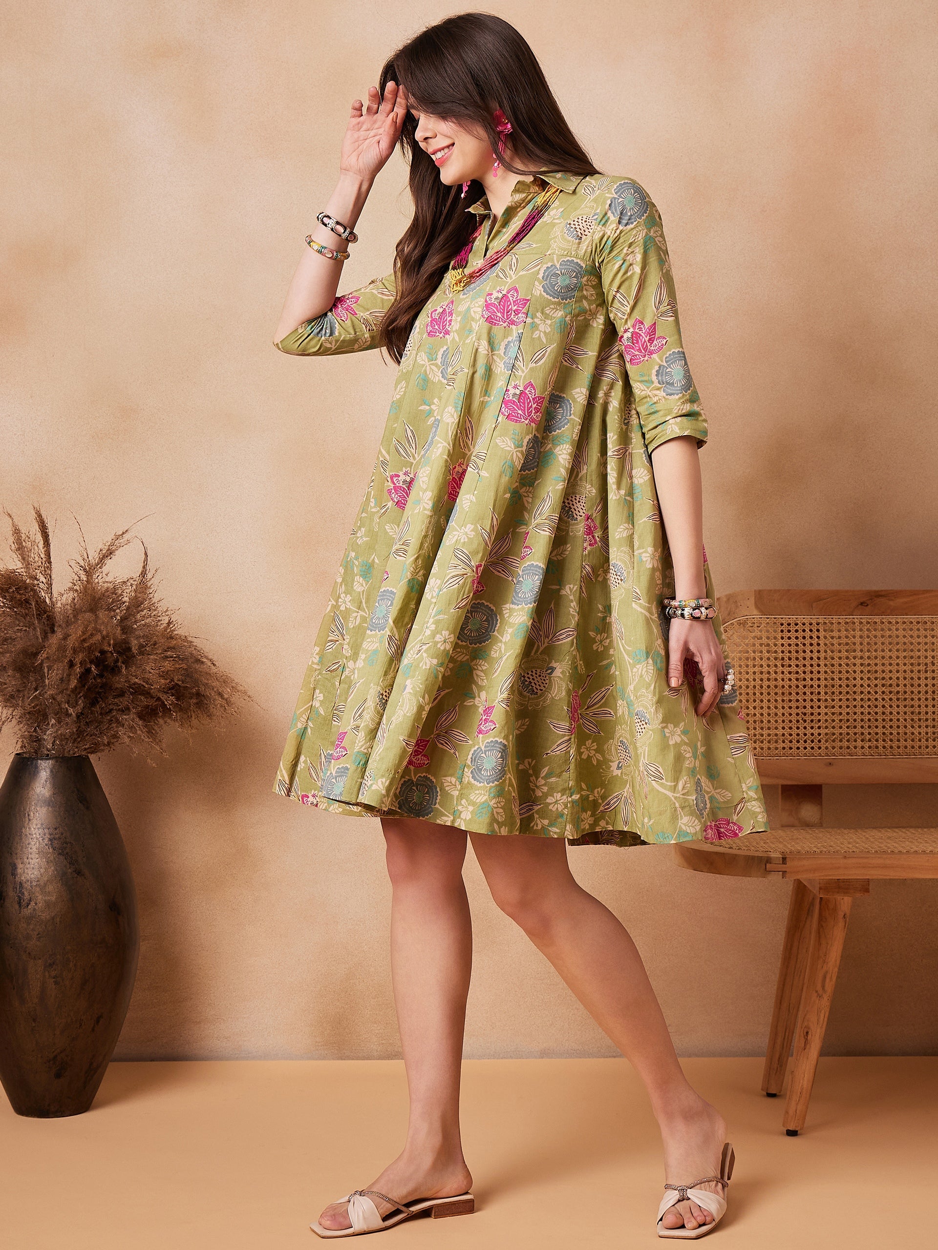 Women's Light Lime Green Floral Printed Flared Dress - InWeave