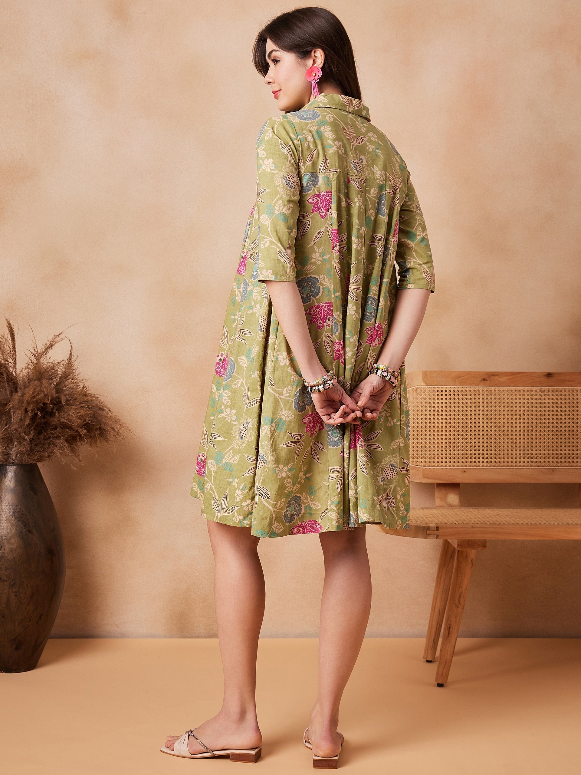 Women's Light Lime Green Floral Printed Flared Dress - InWeave