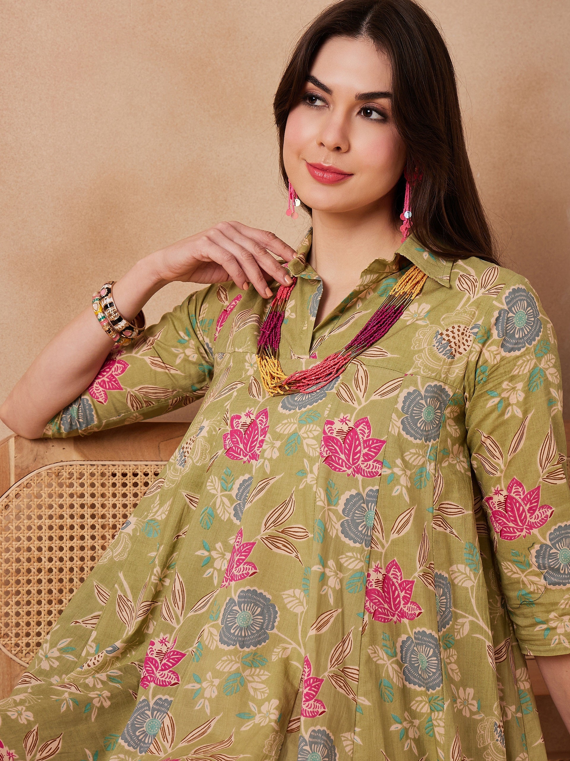 Women's Light Lime Green Floral Printed Flared Dress - InWeave