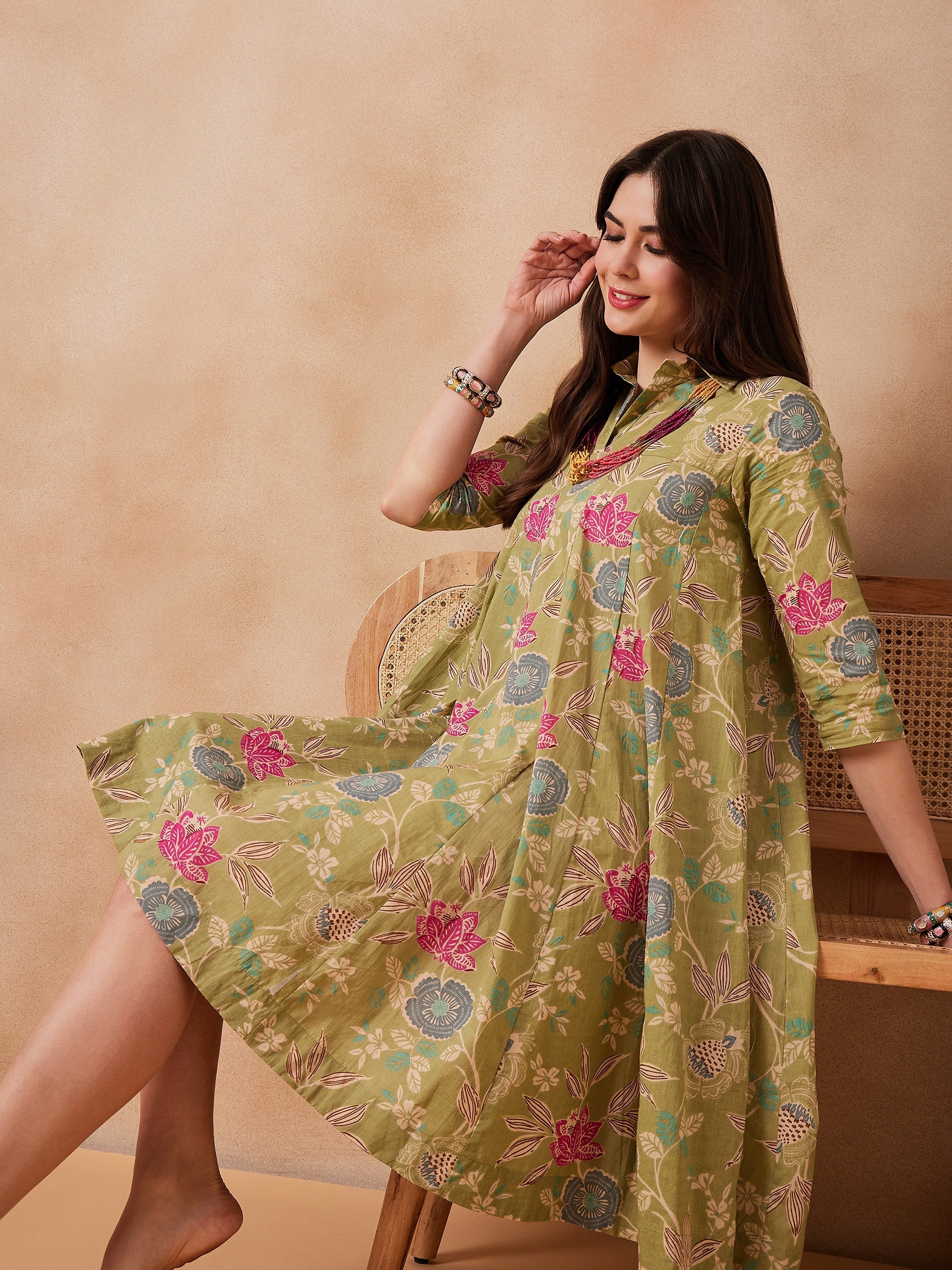 Women's Light Lime Green Floral Printed Flared Dress - InWeave