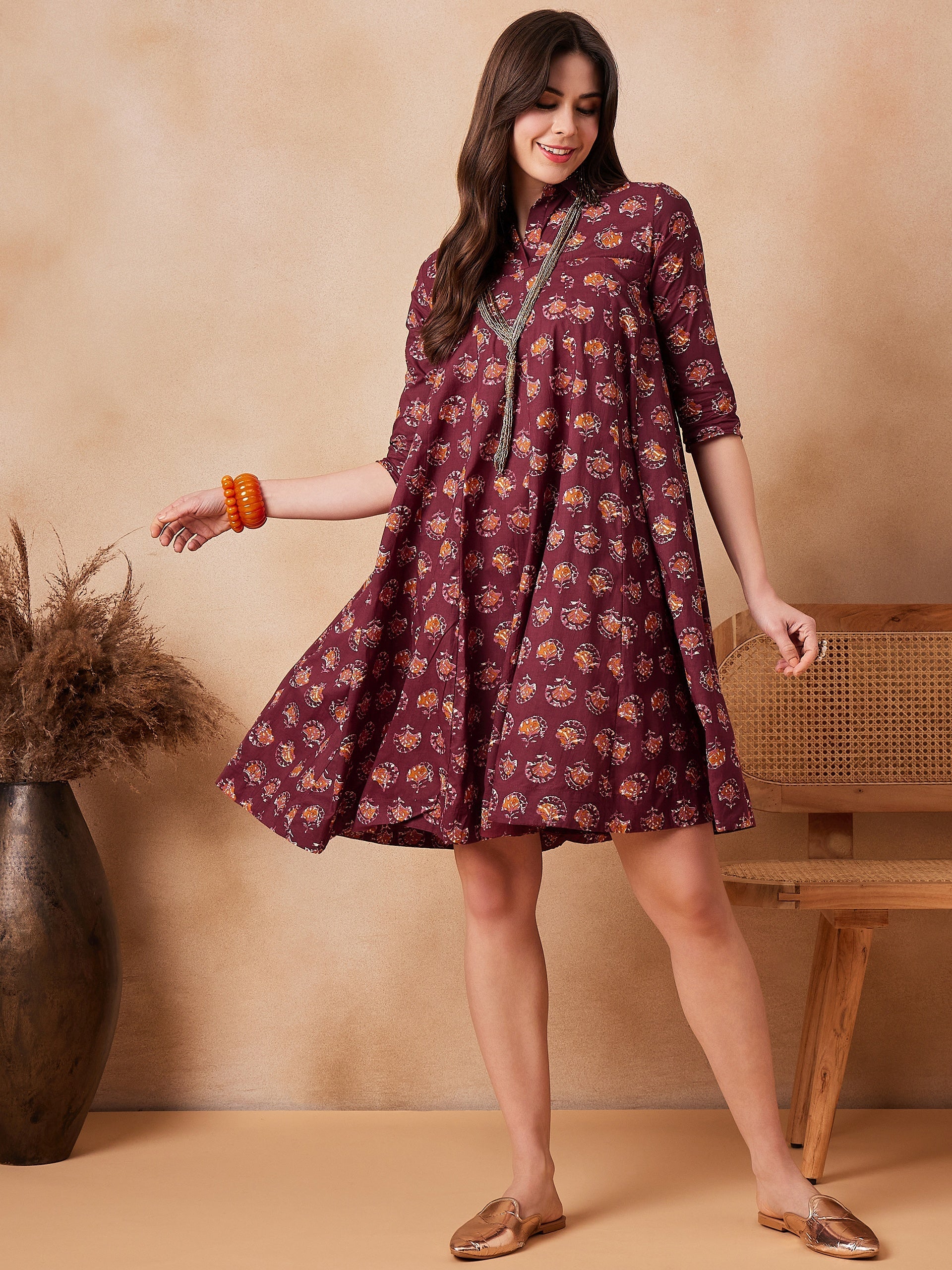 Women's Burgundy Floral Boota Print Flared Dress - InWeave