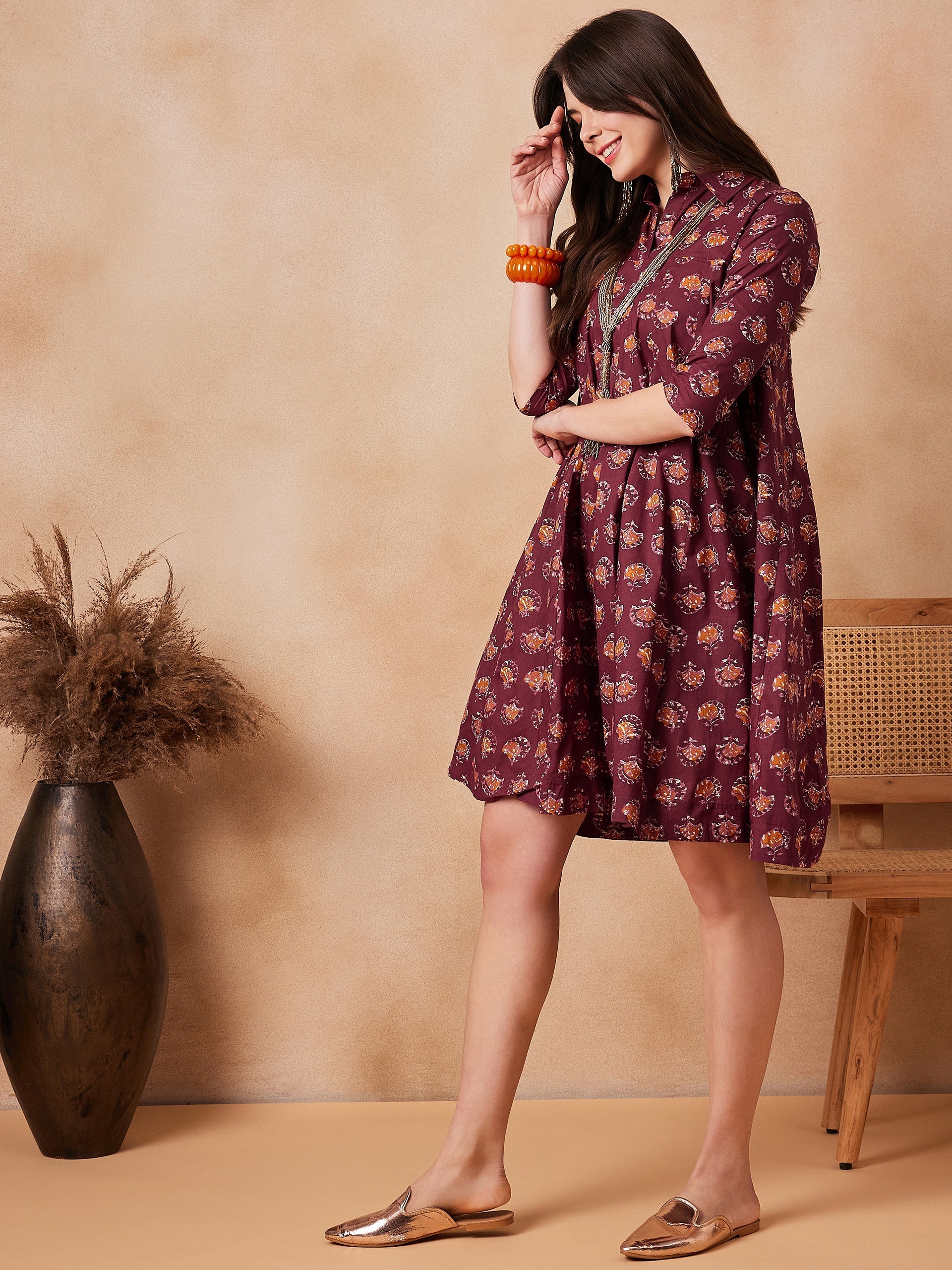 Women's Burgundy Floral Boota Print Flared Dress - InWeave