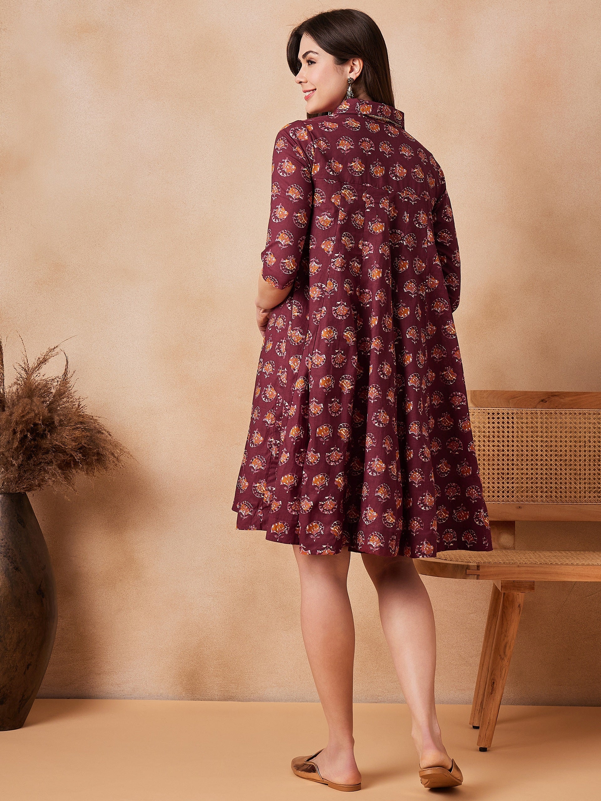 Women's Burgundy Floral Boota Print Flared Dress - InWeave