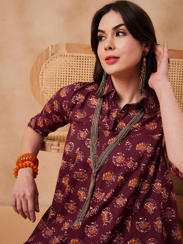 Women's Burgundy Floral Boota Print Flared Dress