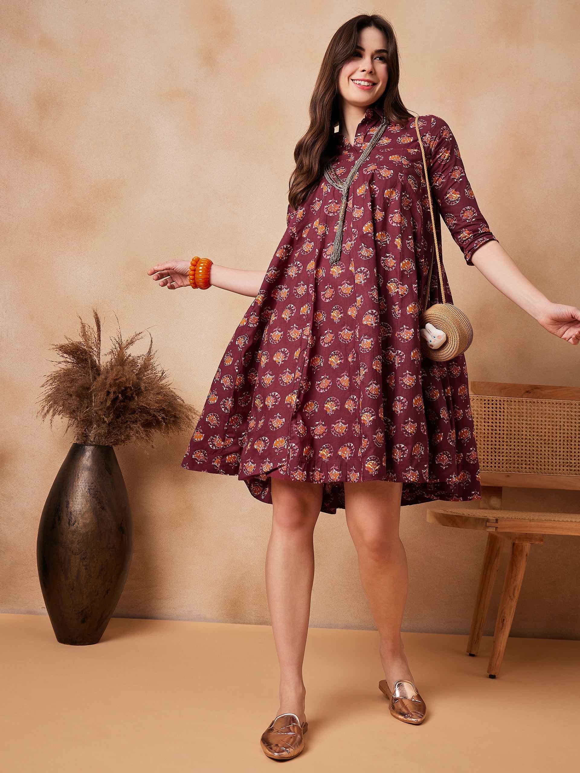 Women's Burgundy Floral Boota Print Flared Dress - InWeave