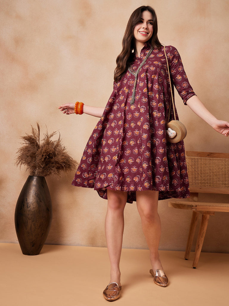 Women's Burgundy Floral Boota Print Flared Dress