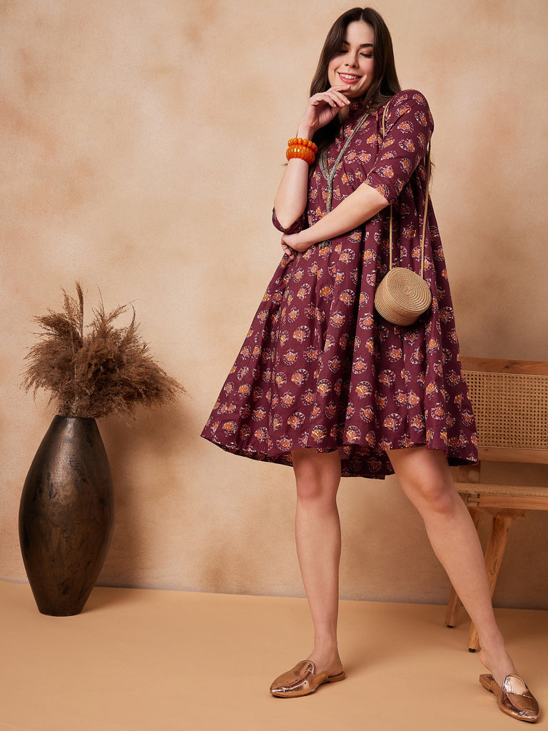 Women's Burgundy Floral Boota Print Flared Dress