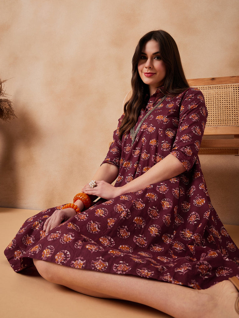 Women's Burgundy Floral Boota Print Flared Dress
