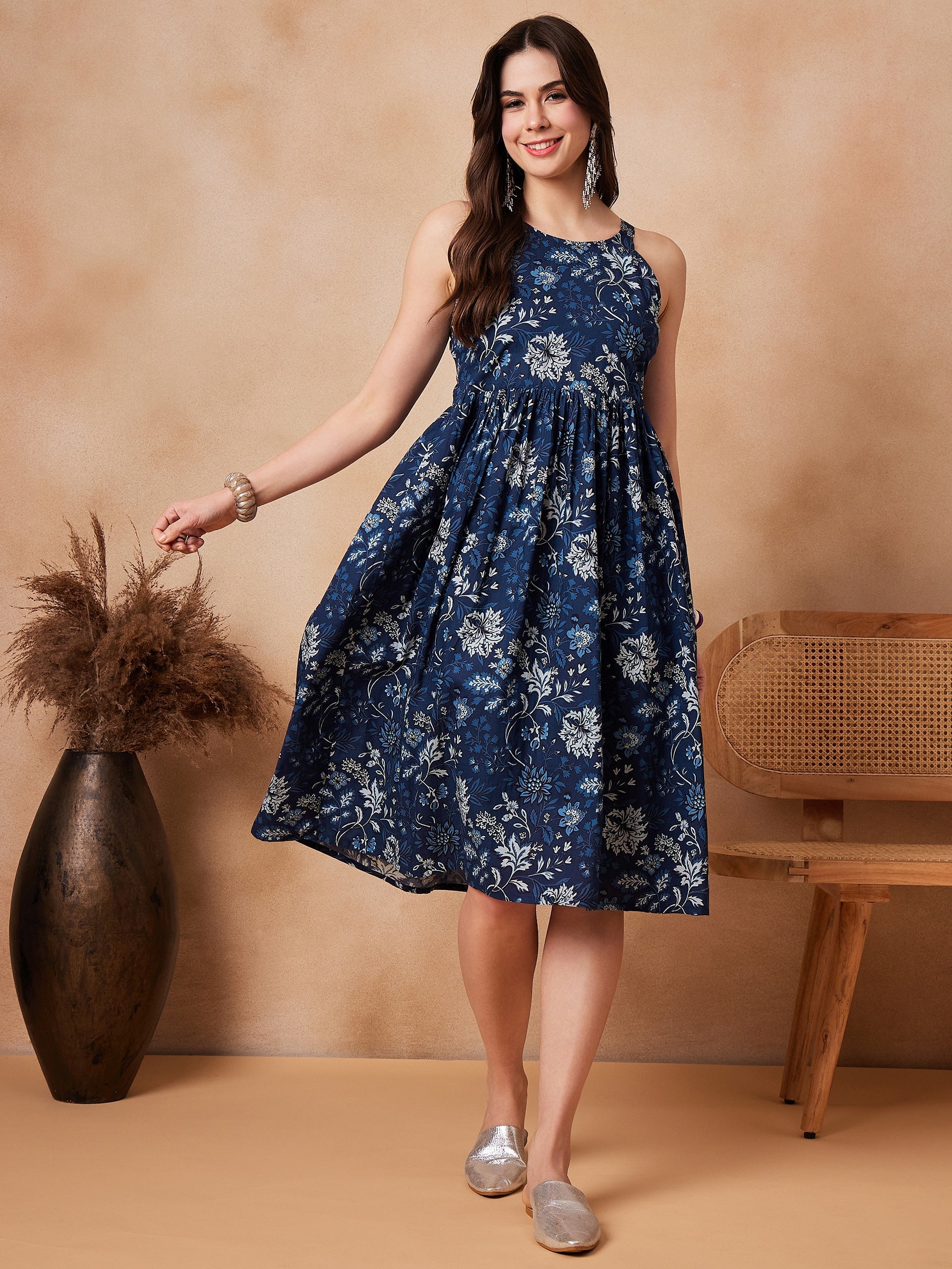 Women's Indigo Floral Thick Strapp Round Neck Dress - InWeave