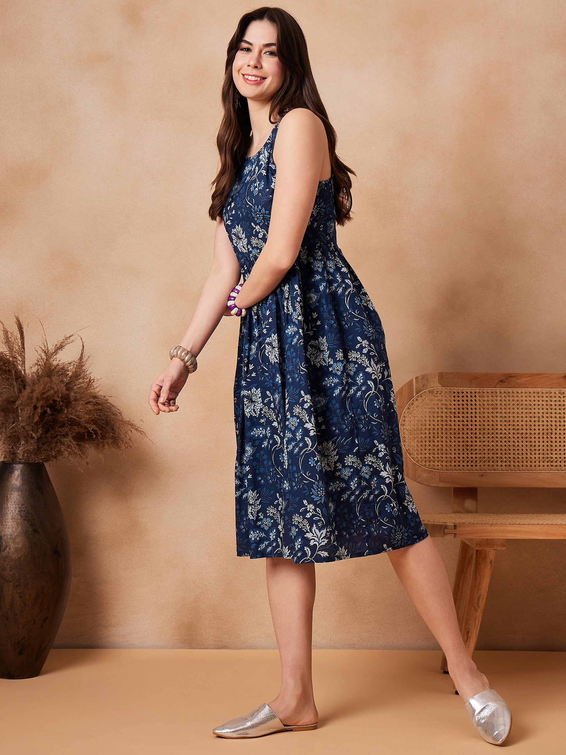 Women's Indigo Floral Thick Strapp Round Neck Dress - InWeave