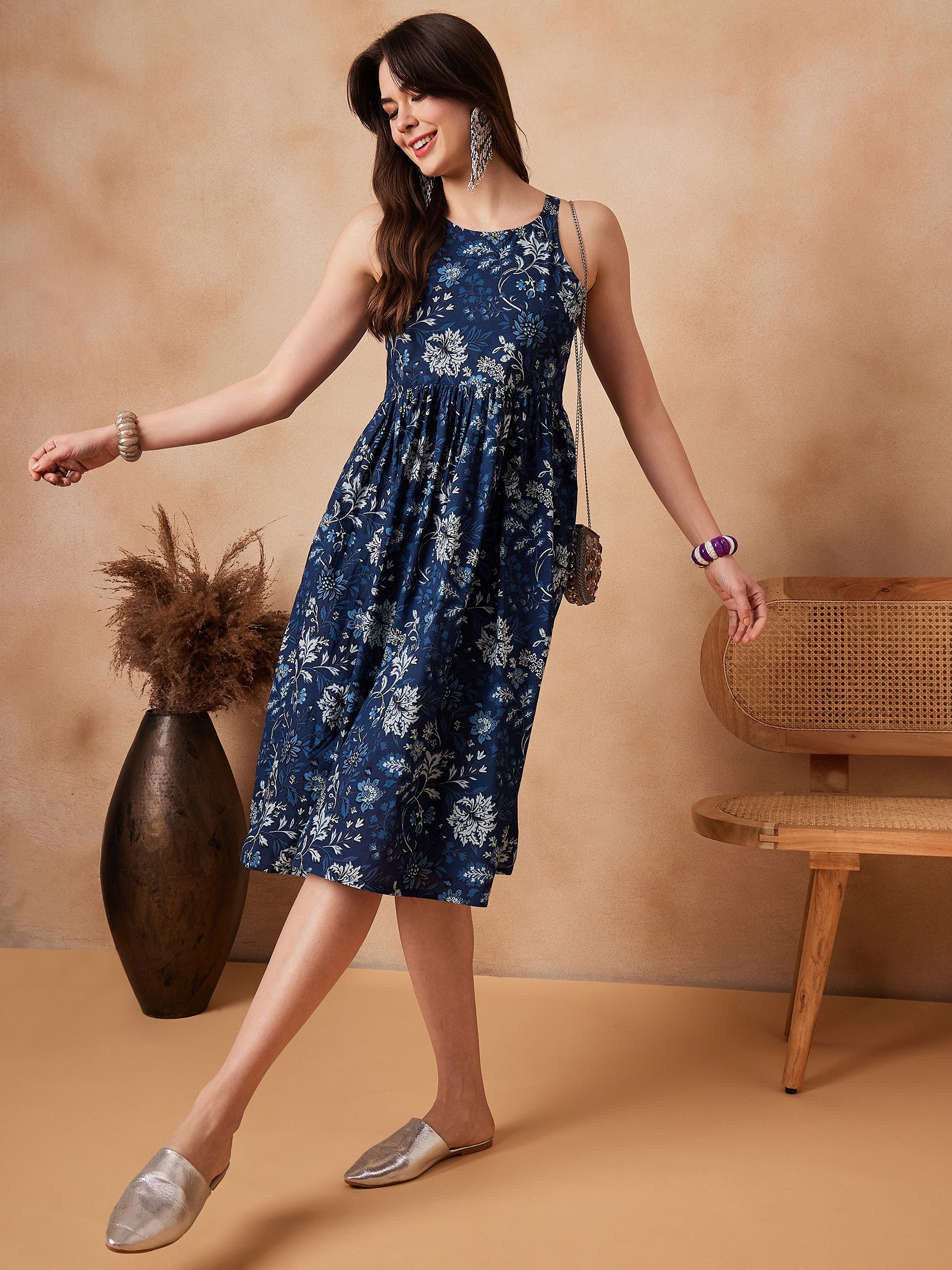 Women's Indigo Floral Thick Strapp Round Neck Dress - InWeave