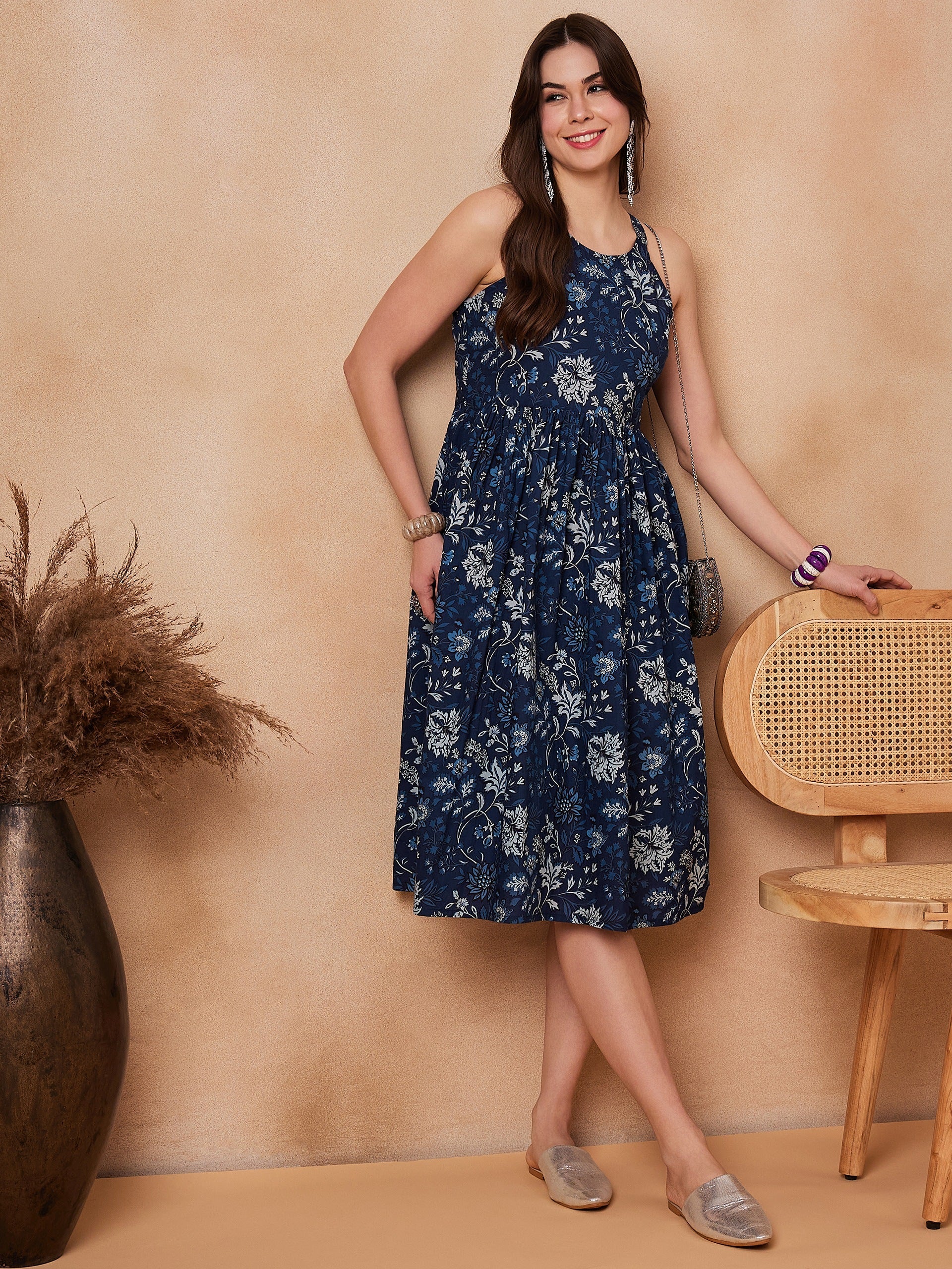 Women's Indigo Floral Thick Strapp Round Neck Dress - InWeave