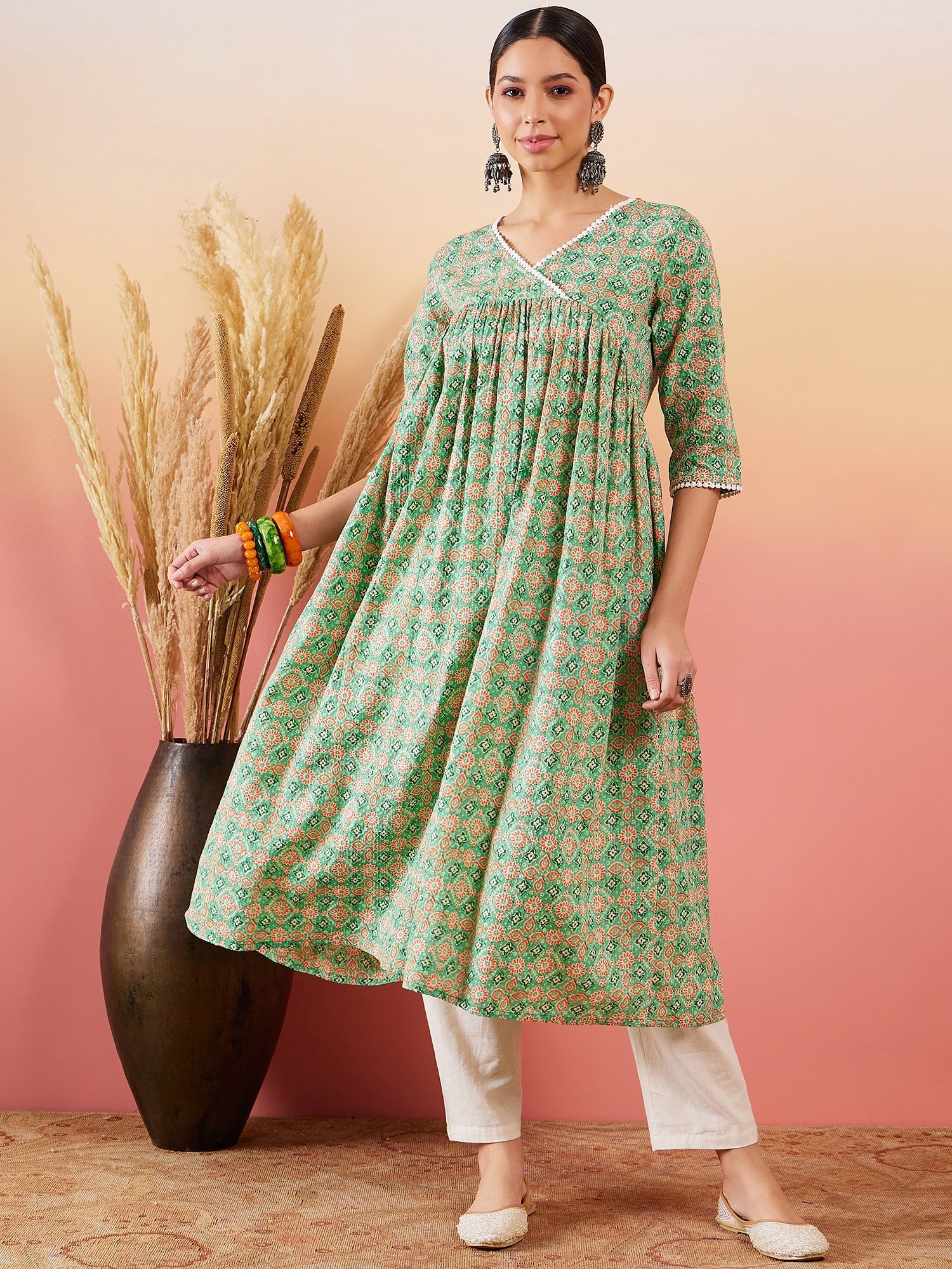 Women's Cool Green Kantha Print Angrakhaa V Neck Lace Dress