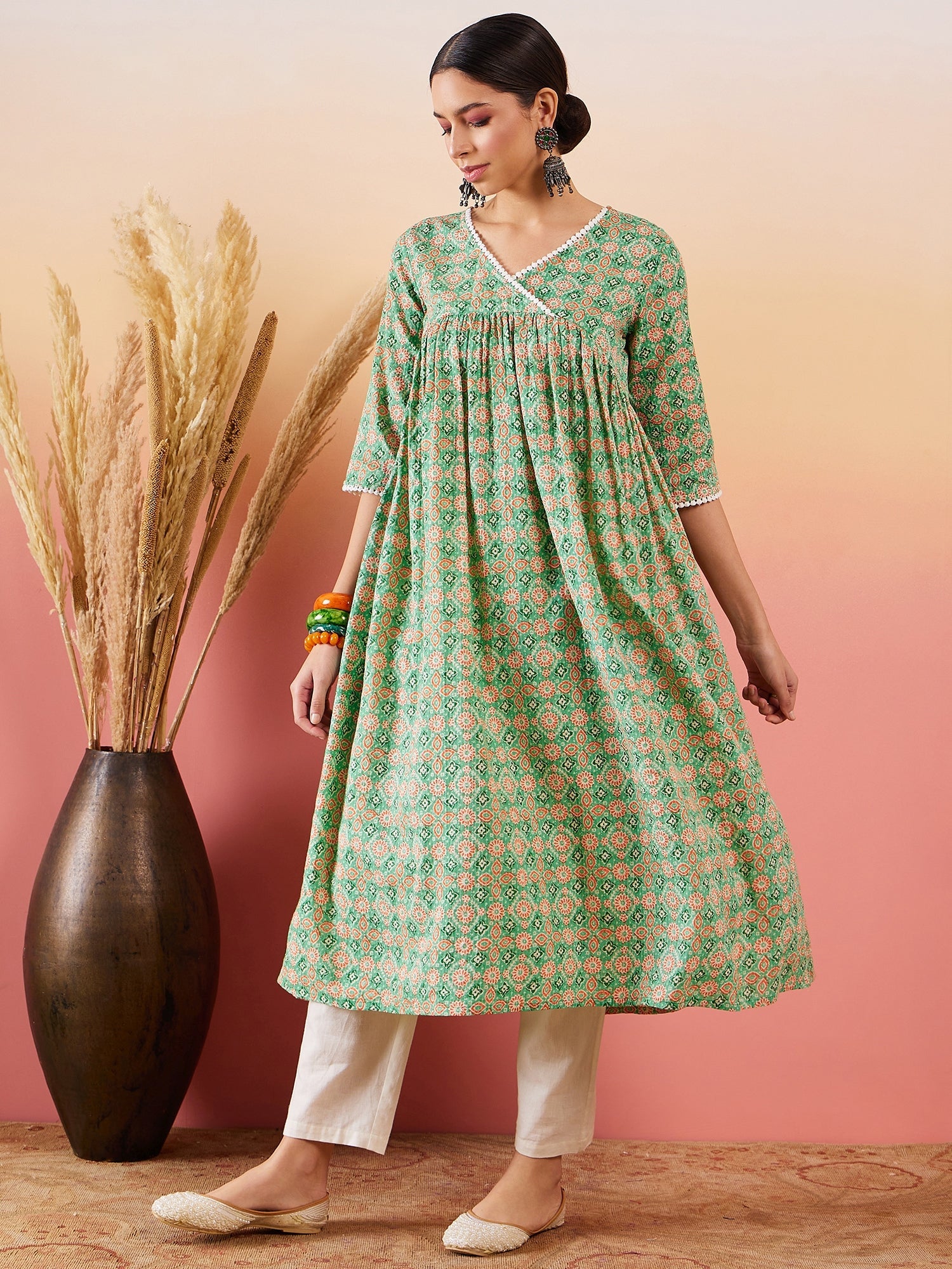 Women's Cool Green Kantha Print Angrakhaa V Neck Lace Dress