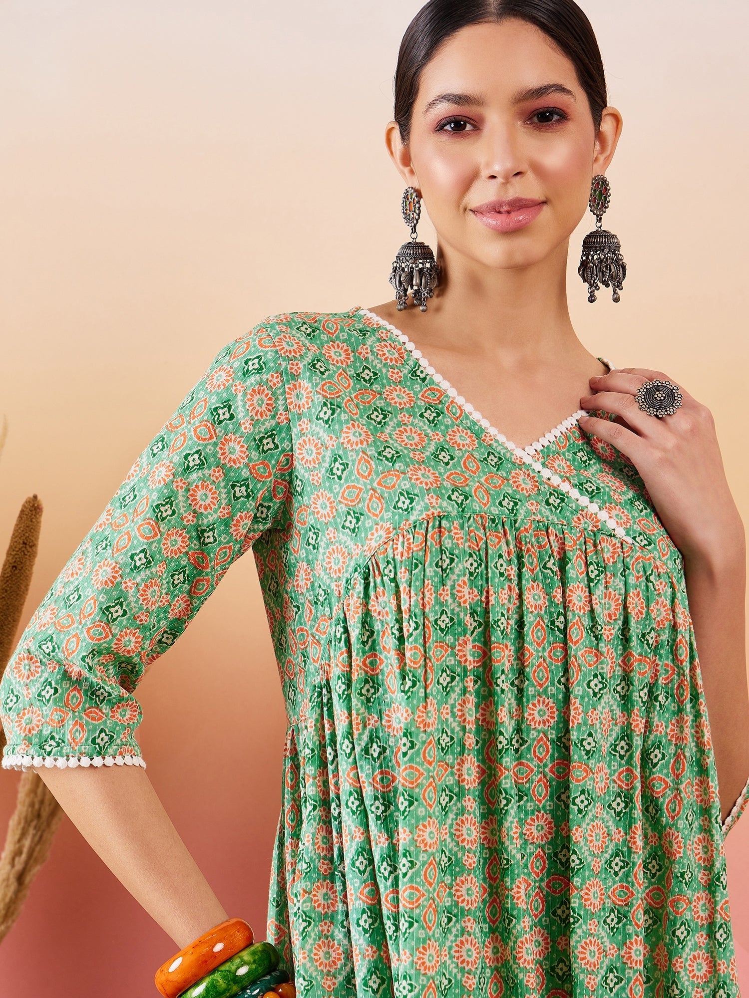 Women's Cool Green Kantha Print Angrakhaa V Neck Lace Dress - InWeave