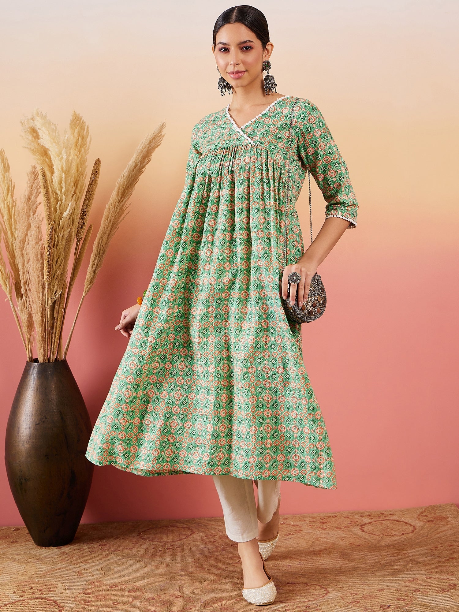 Women's Cool Green Kantha Print Angrakhaa V Neck Lace Dress - InWeave