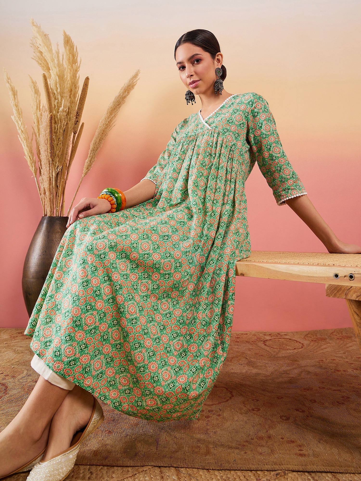 Women's Cool Green Kantha Print Angrakhaa V Neck Lace Dress - InWeave