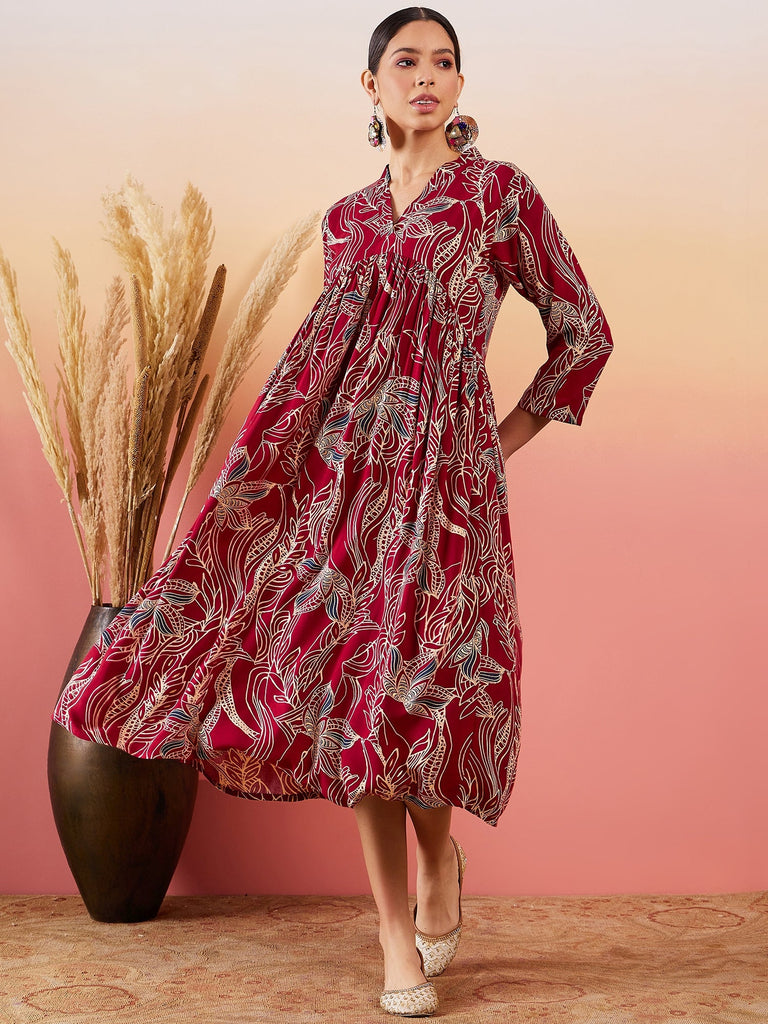 Women's Maroon Beige Blue Print Deep V Neck Flared Dress